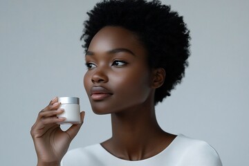 Young woman holding skincare jar.