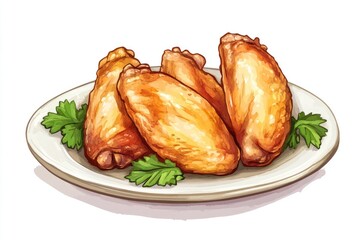 roasted chicken wings with parsley in the plate isolated on white