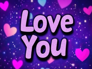 Love You in Glittery Purple Text with Heart Graphics on Starry Background