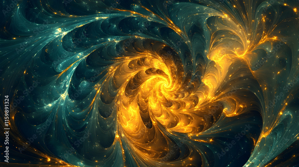 Canvas Prints radiant abstract background of golden dust spiraling on a dark teal backdrop with glowing nebula eff