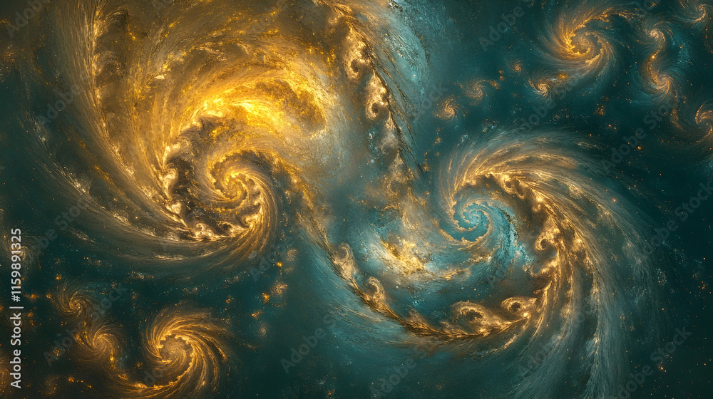 Wall mural radiant abstract background of golden dust spiraling on a dark teal backdrop with glowing nebula eff