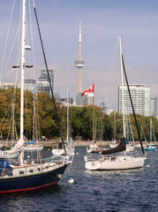 Yachts parked in Toronto waterfront marina in blue waters of lake Ontario with downtown Toronto skyline in background