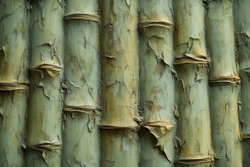 Obraz premium Close-up of weathered bamboo stalks, showcasing their textured surface and natural color variations. Ideal for background or texture.