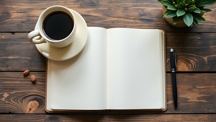 Flat Lay of Coffee Cup and Notebook on Wooden Background with Copyspace. ideal for lifestyle, blogging, or productivity-themed web banners