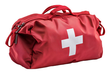 A red bag with a cross and a red and white stripe