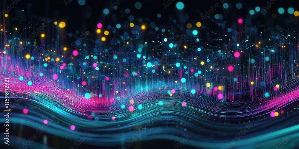 Wall mural visual representation of colorful data streams in a digital landscape at night highlighting technolo