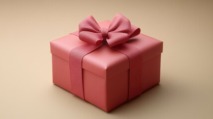 Obraz premium Pink gift box with a satin ribbon bow on a beige background.