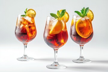 Glasses of ice tea with lemon slices and mint on white background 
