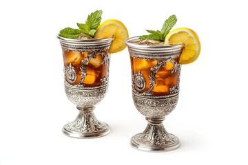 Glasses of ice tea with lemon slices and mint on white background 