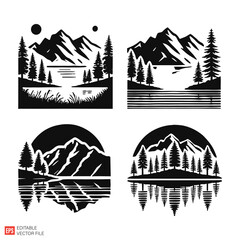 Black Silhouette Outdoor Scenes Featuring Mountains Lakes and Pine Trees