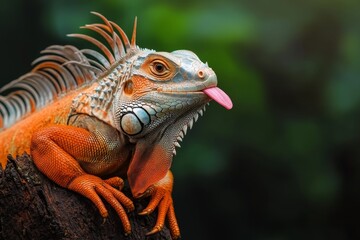 Fototapeta premium A playful shot of an iguana sticking out its tongue while climbing a tree, showcasing its quirky personality