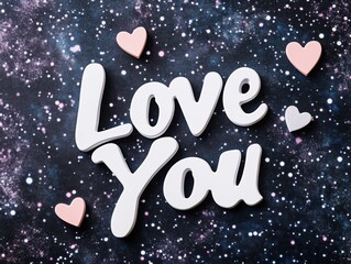 Fototapeta premium White Love You lettering with pink hearts on a starry galaxy-inspired background