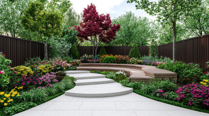 Obraz premium serene garden landscape featuring vibrant flowers, lush greenery, and curved wooden seating area