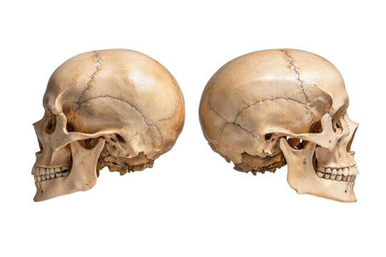 Two skulls are shown side by side, one of which is missing its nose