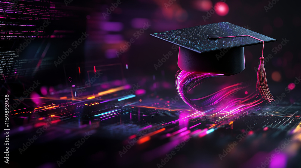 Poster luminous lines form open graduation cap floating above digital background