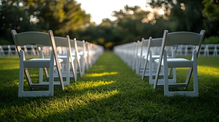 Symmetrical arrangement of white folding chairs on green lawn for outdoor wedding ceremony, captured with soft natural lighting and shallow depth creating clean, minimalist atmosphere.