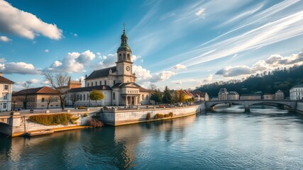 Naklejka premium Filialkirche Pyrawang Church Danube River Austria - Stunning AI Photo
