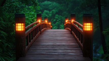 serene wooden bridge illuminated by lanterns, surrounded by lush greenery