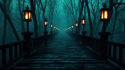 Mysterious foggy path with glowing lanterns in dark forest