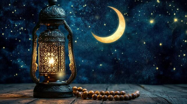 Lantern, rosary, and moon with night blue background Ramadan concept, holy month video footage copy space.