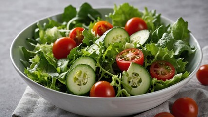 A fresh salad featuring lettuce, tomatoes, and cucumbers in a white bowl.