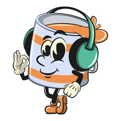 orange cute isolated cartoon paint can character mascot listening to headset while dancing, work of hand drawn
