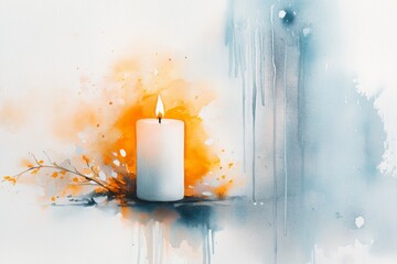 A soft watercolor painting of a candle igniting in a dark room, with warm orange tones blending into a cool blue background