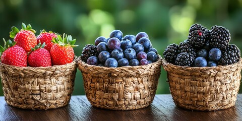 A vibrant display of fresh strawberries, blueberries, and blackberries in woven baskets, showcasing nature's bounty against a blurred green backdrop.