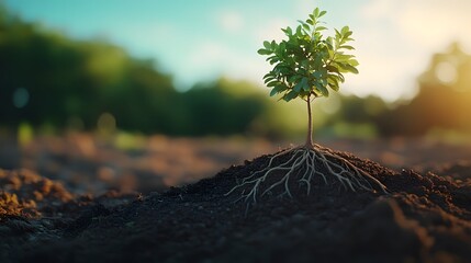 Detailed macro shot of young tree sapling showing complete root system in soil, photographed against blurred blue sky, emphasizing growth and environmental themes through professional styling.