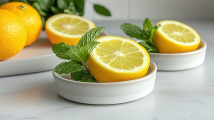 Fresh lemon halves garnished with mint leaves, displayed in white bowls against a light background, highlighting vibrant colors and textures.