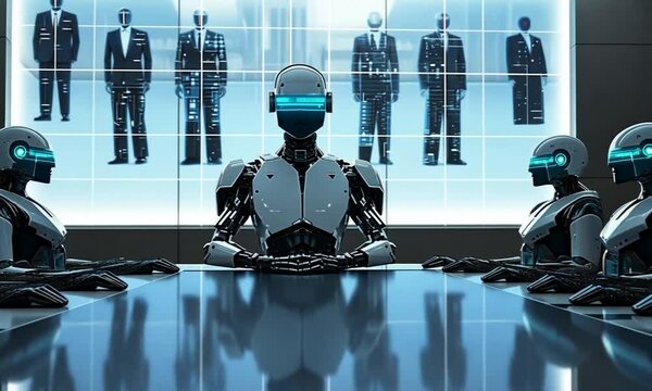 A futuristic boardroom with robots discussing strategy.