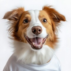 Friendly border collie in white shirt smiling against white background