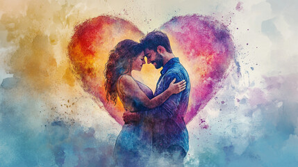 Couple embracing in front of a colorful heart background on Valentine's Day. 