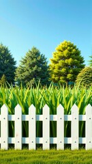 Fototapeta premium Vibrant green summer garden with white picket fence and lush trees under clear blue sky