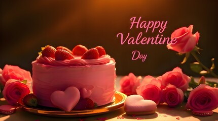 Warm golden glow, chiaroscuro lighting, strong contrasts, deep shadows, pink frosted cake, strawberries, pink heart cookies, pink roses, Happy Valentine's Day greeting card, radiant and luxurious