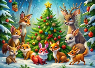 Cute cartoon forest animals gather around a charming Christmas tree for a heartwarming holiday.