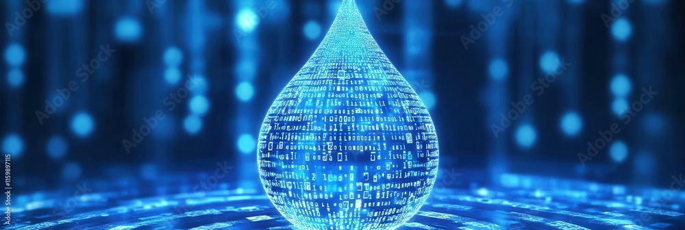 Wall mural digital blue water drop icon with binary code, artificial intelligence in water resource management,