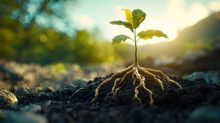 Detailed macro shot of young tree sapling showing complete root system in soil, photographed against blurred blue sky, emphasizing growth and environmental themes through professional styling.