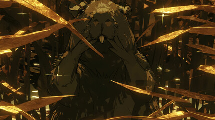capybara with hands on its face in surprise, surrounded by glowing golden reeds