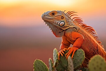 Obraz premium A vibrant image of a brightly colored iguana perched on a cactus in an arid desert landscape
