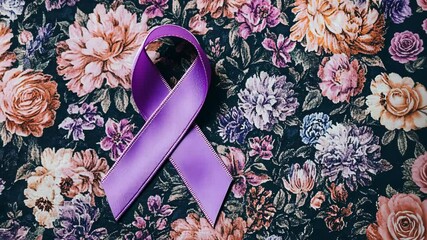 Purple ribbon displayed over floral fabric to raise awareness for important causes and support communities - Powered by Adobe