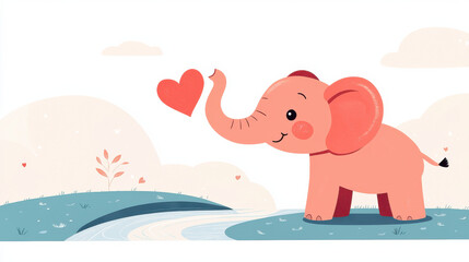 Obraz premium cute pink elephant holding heart with its trunk near flowing river in serene landscape