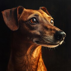Portrait of a brown dog with expressive eyes against a dark background