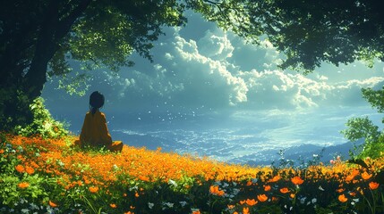 Fototapeta premium forest,flower,cute things,in the slope,can watch sea,illustrations --ar 16:9 --style raw --stylize 400 --v 6.1 Job ID: 1fe82274-c2c9-4700-89ed-6c608efc60e9