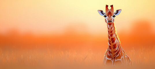giraffe stands gracefully in dreamy orange twilight, surrounded by serene grassland