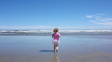 girl runs joyfully on sandy beach, with ocean waves in background. clear blue sky enhances serene atmosphere