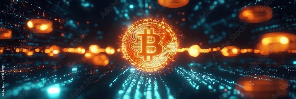 Wall mural a futuristic digital background with glowing bitcoin coins floating in the center.