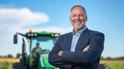confident farmer in business suit stands proudly in front of tractor, showcasing blend of agriculture and professionalism