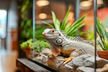 Fototapeta premium An iguana in a terrarium, its environment meticulously designed to mimic a tropical habitat