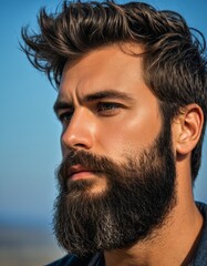 Obraz premium Rugged bearded man with stylish hair outdoors under clear blue sky